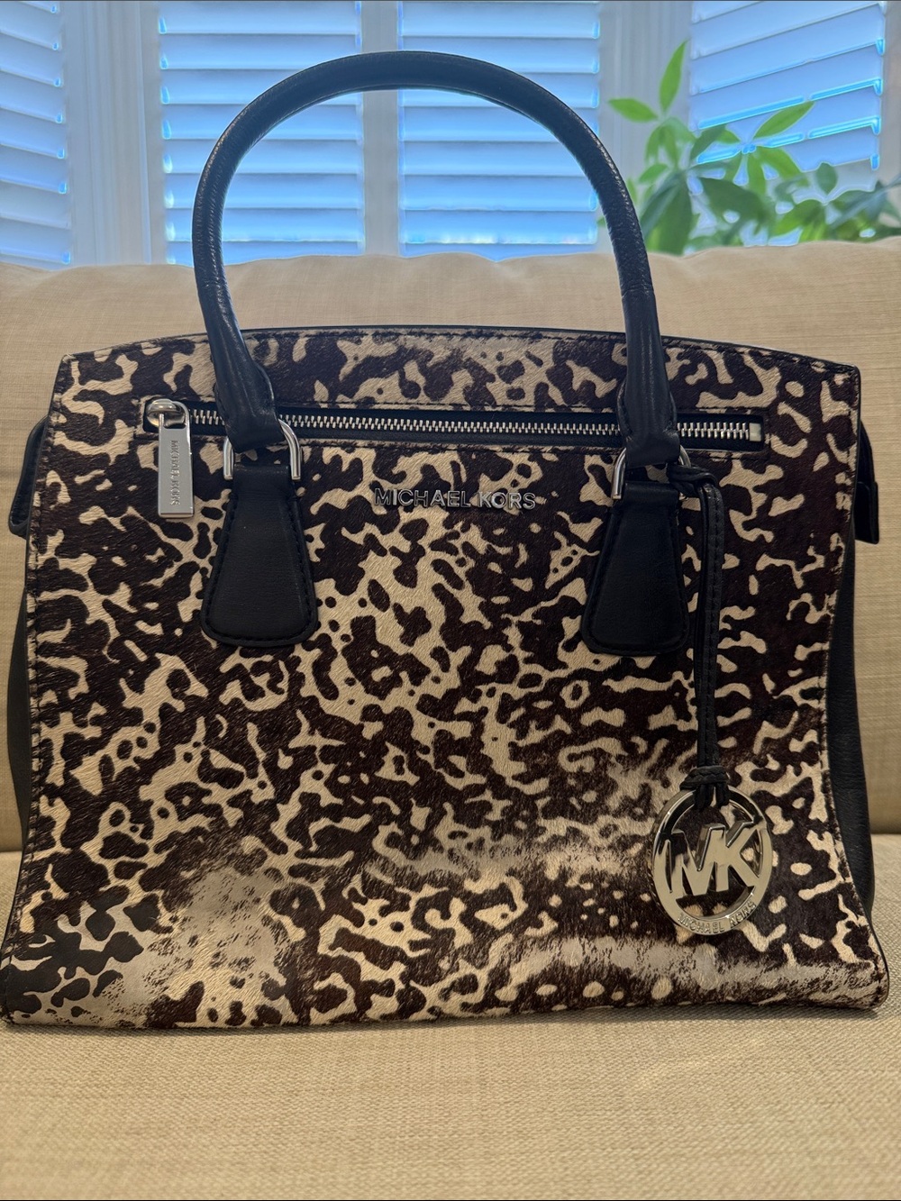 Michael Kors Black and White Animal-Print Satchel